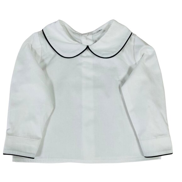 UNISEX-Long Sleeve White Cotton Shirt with Peter Pan Collar with RED TRIM - Picture 2 of 5